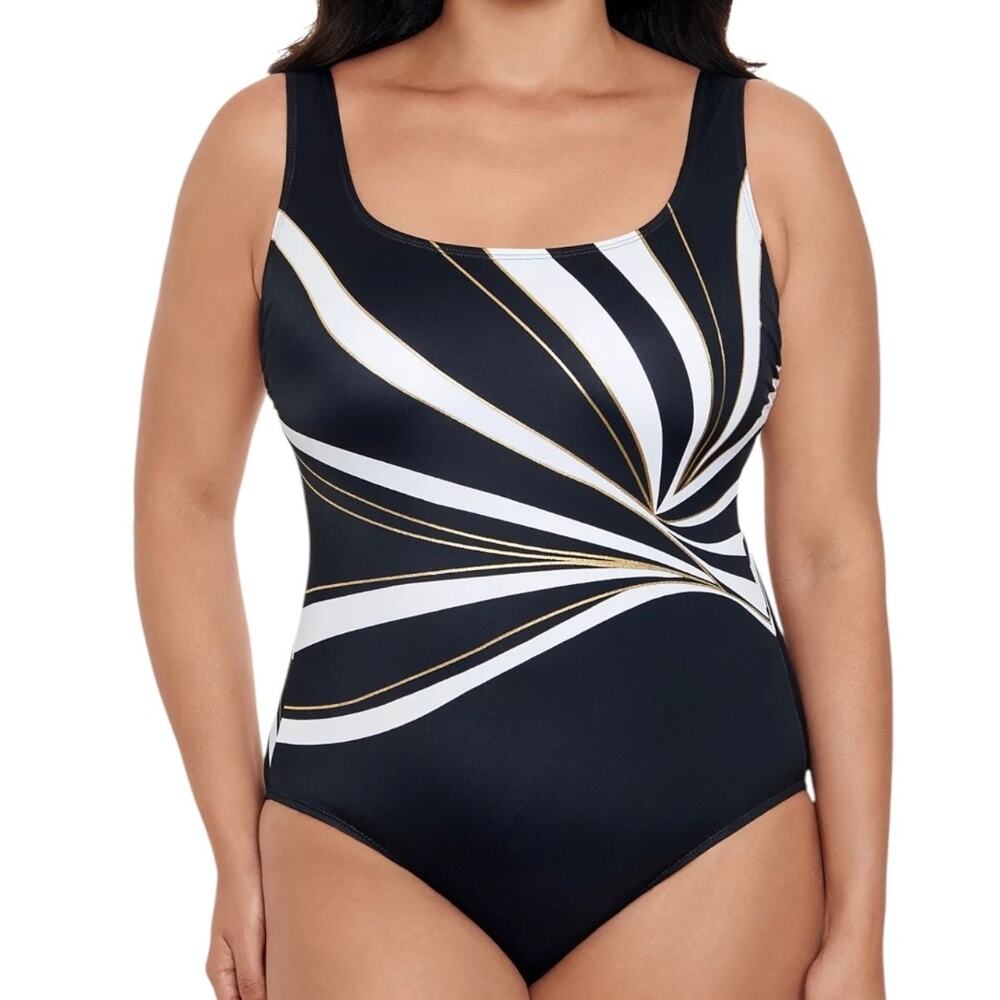 Swim Solutions Women’s Metallic Stripe One Piece Swimsuit Black Size 10
